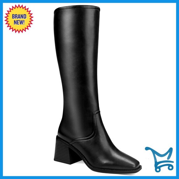 Knee High Boots with Chunky Heel Square Toe Side Zipper Elastic Fit